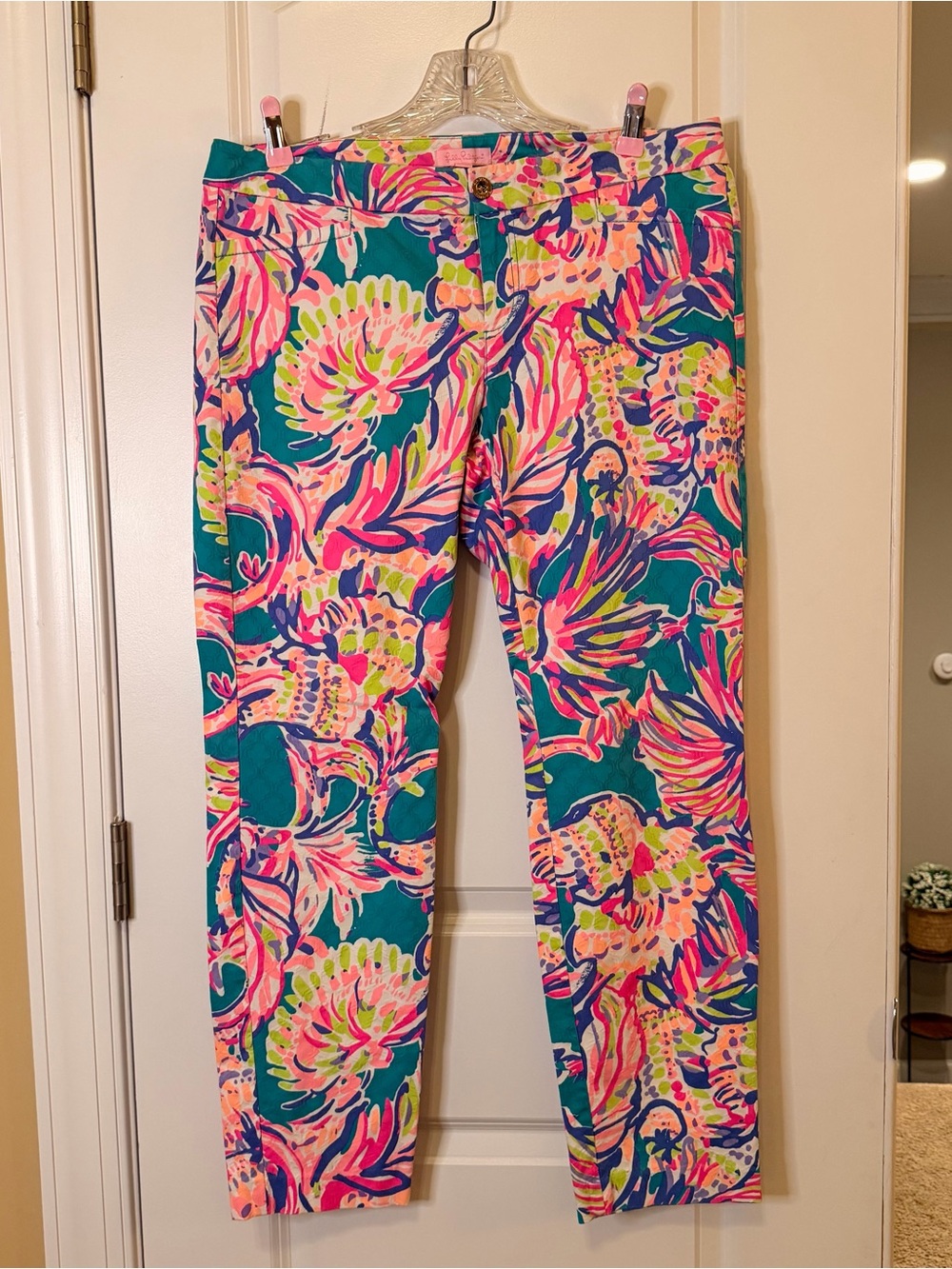 Lilly Pulitzer Tropical Floral Pants Size 12— Teal, Hot Pink & Lime
